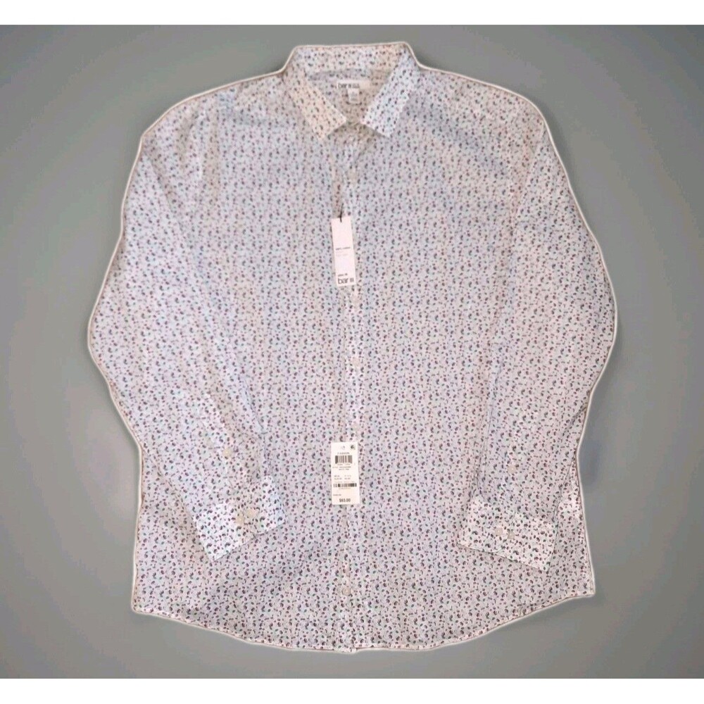 NEW Bar III Slim Fit Stretch Cotton Button Shirt Floral White Pink 17-17.5 34/35